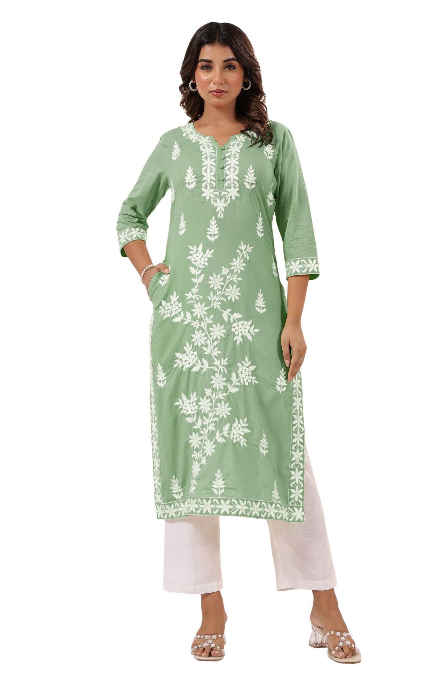 Pastel Green Floral Embroidered Cotton Kurti