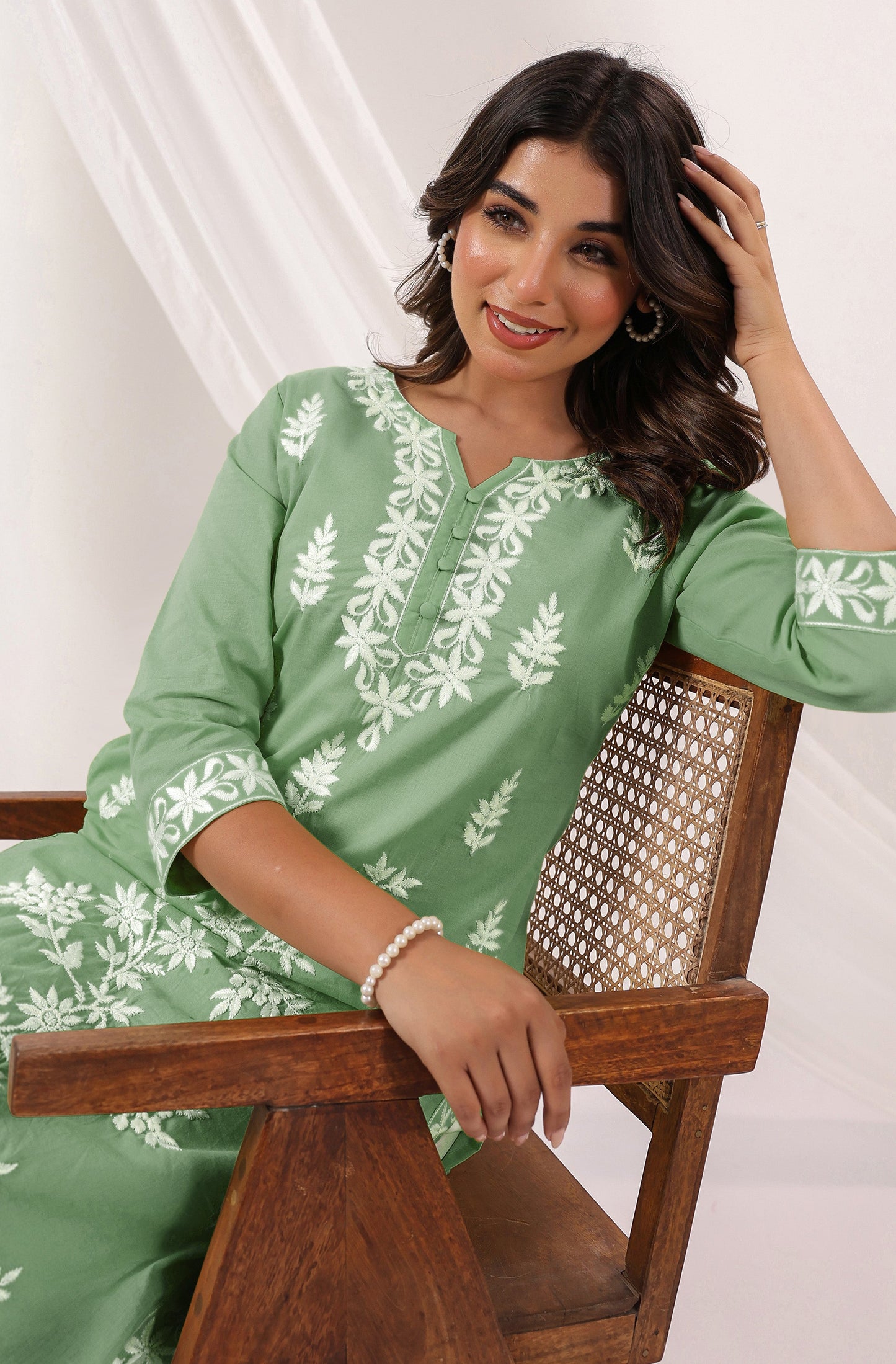 Pastel Green Floral Embroidered Cotton Kurti