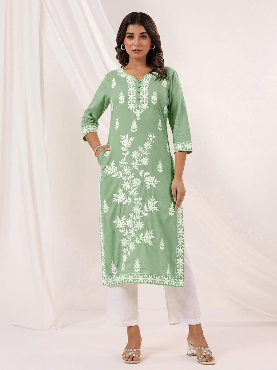 Pastel Green Floral Embroidered Cotton Kurti
