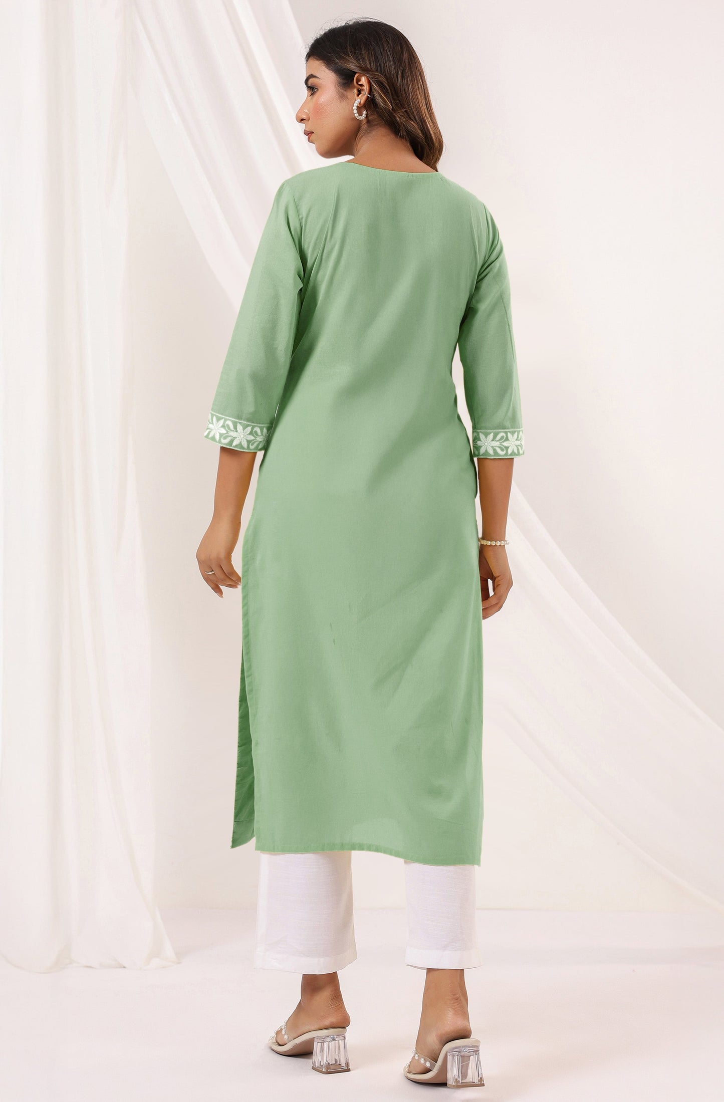 Pastel Green Floral Embroidered Cotton Kurti