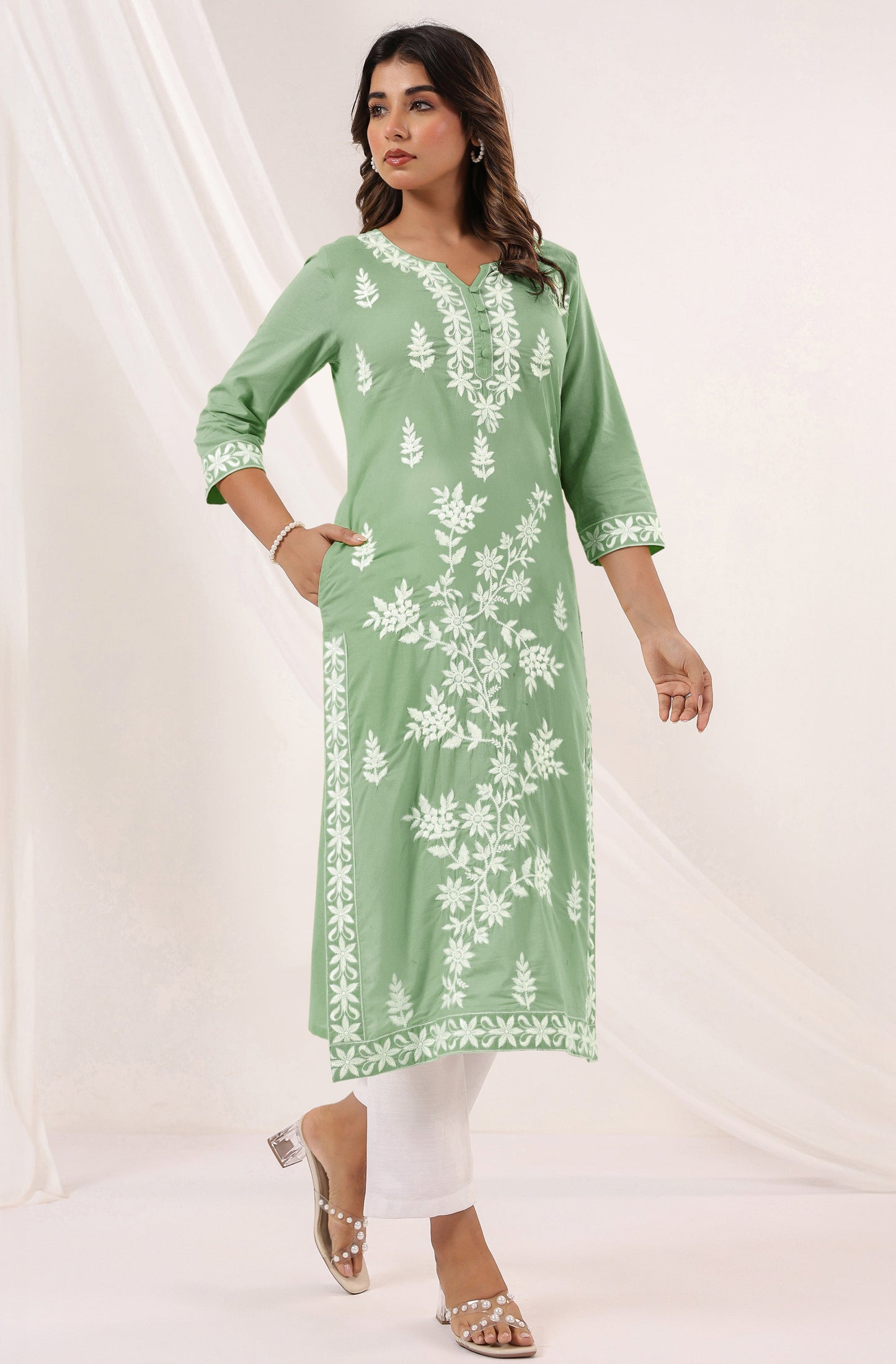 Pastel Green Floral Embroidered Cotton Kurti