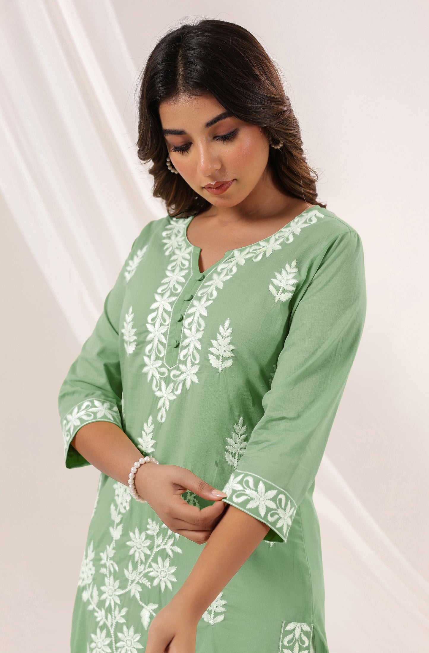 Pastel Green Floral Embroidered Cotton Kurti