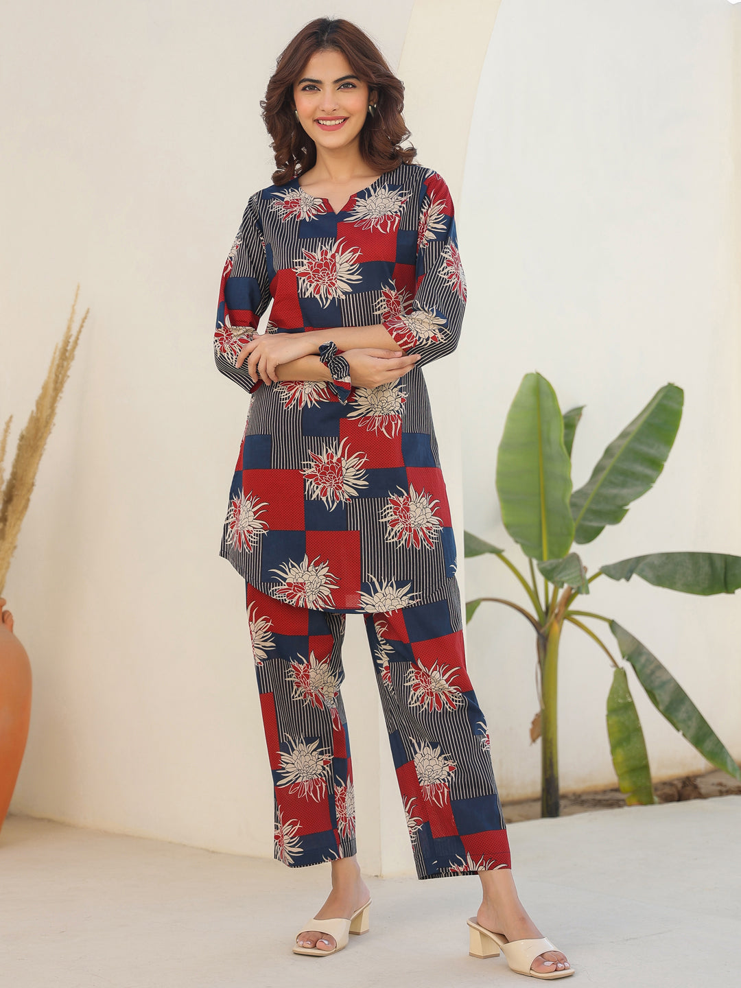 Navy & Red Printed Floral Co-ord Set for Women