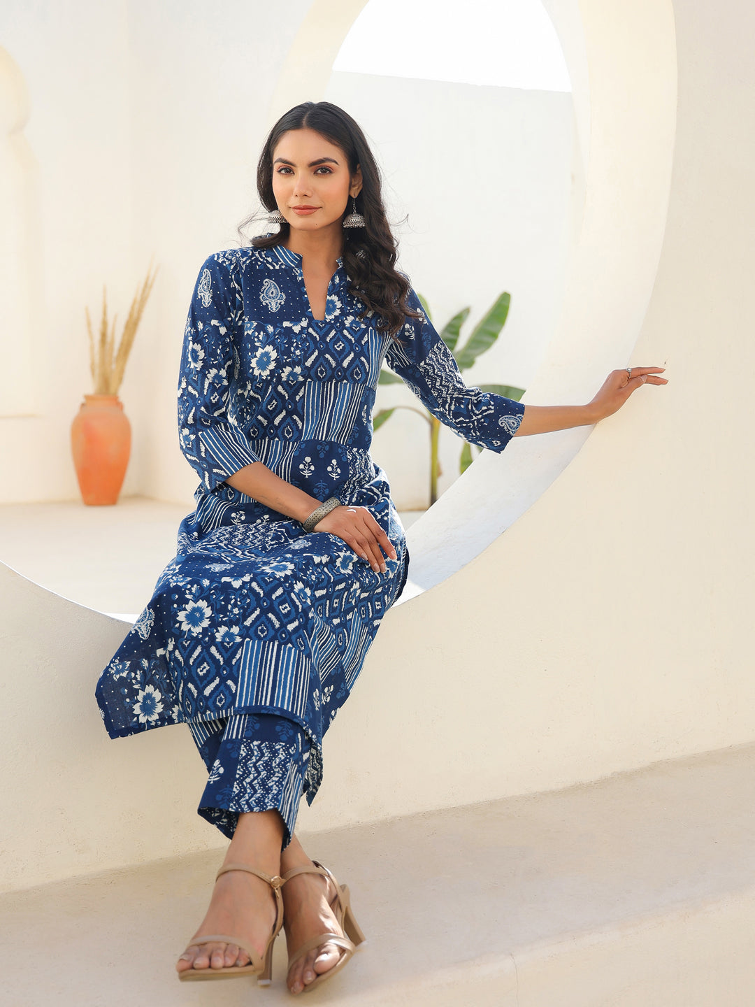 Indigo Blue Patch Print Kurta Set for Women – 2 Piece Cotton Ethnic Wear