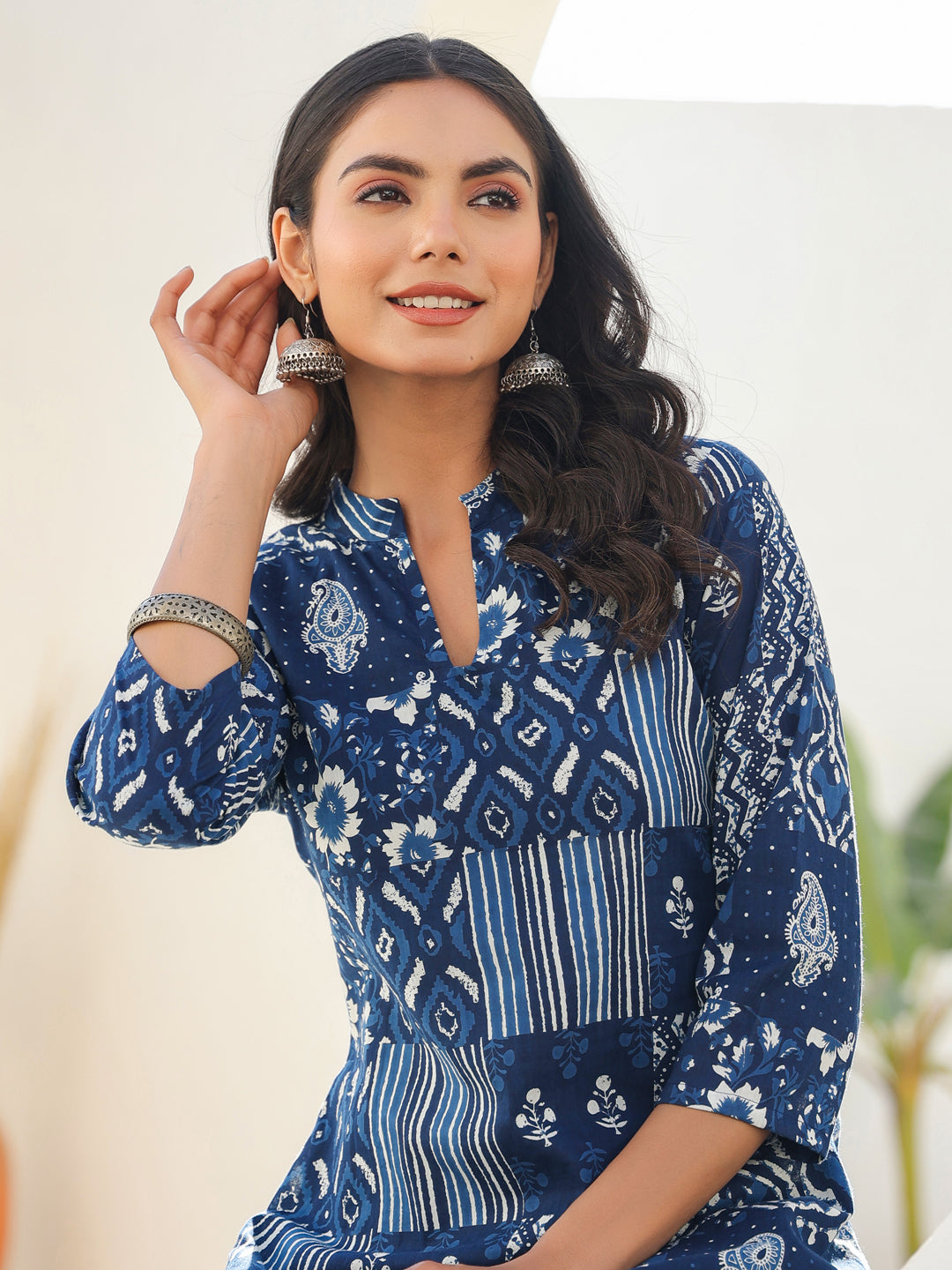 Indigo Blue Patch Print Kurta Set for Women – 2 Piece Cotton Ethnic Wear