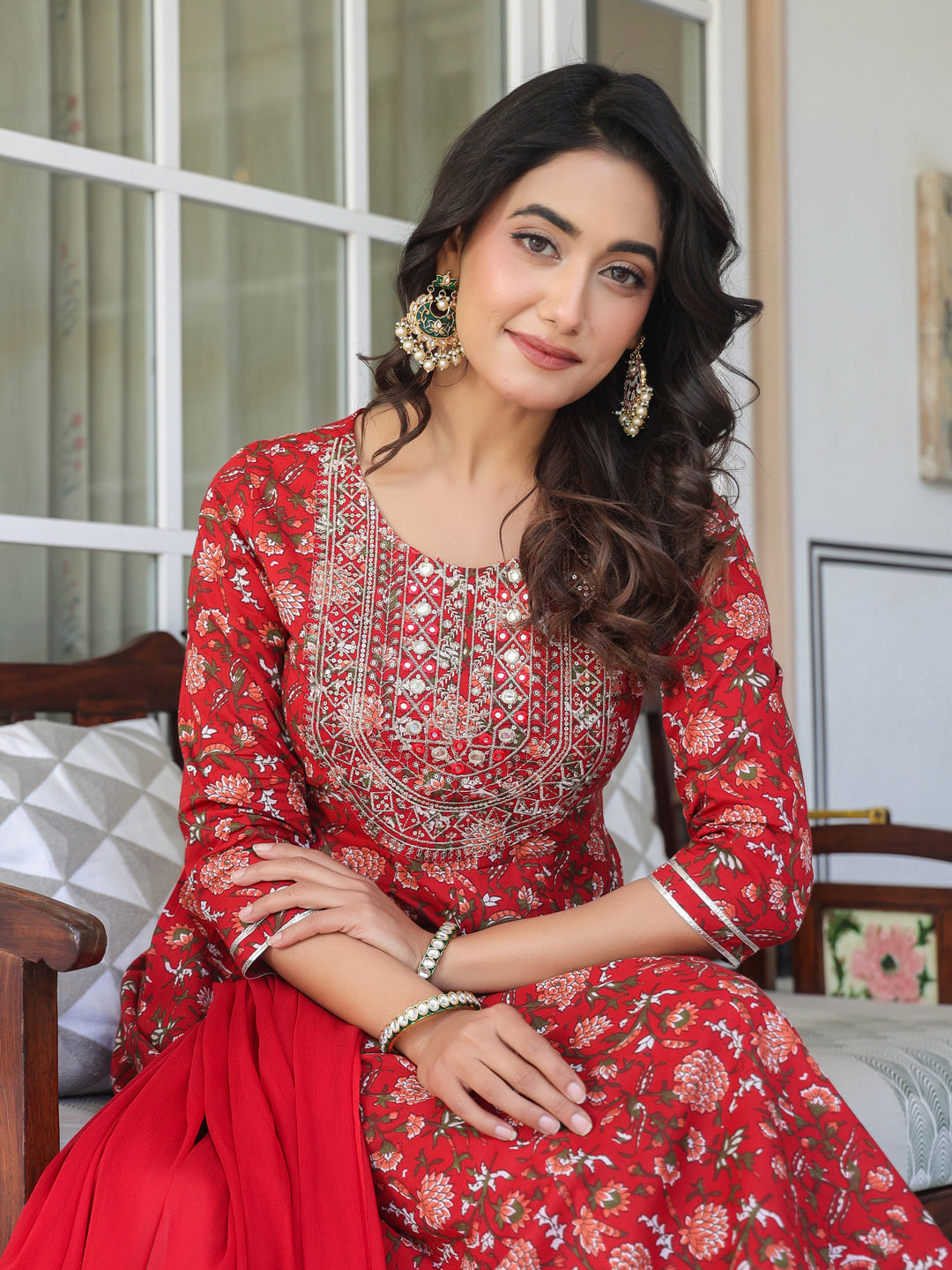 Elegant Red Floral Embroidered Kurti Set with Dupatta – 3 Piece Kurti