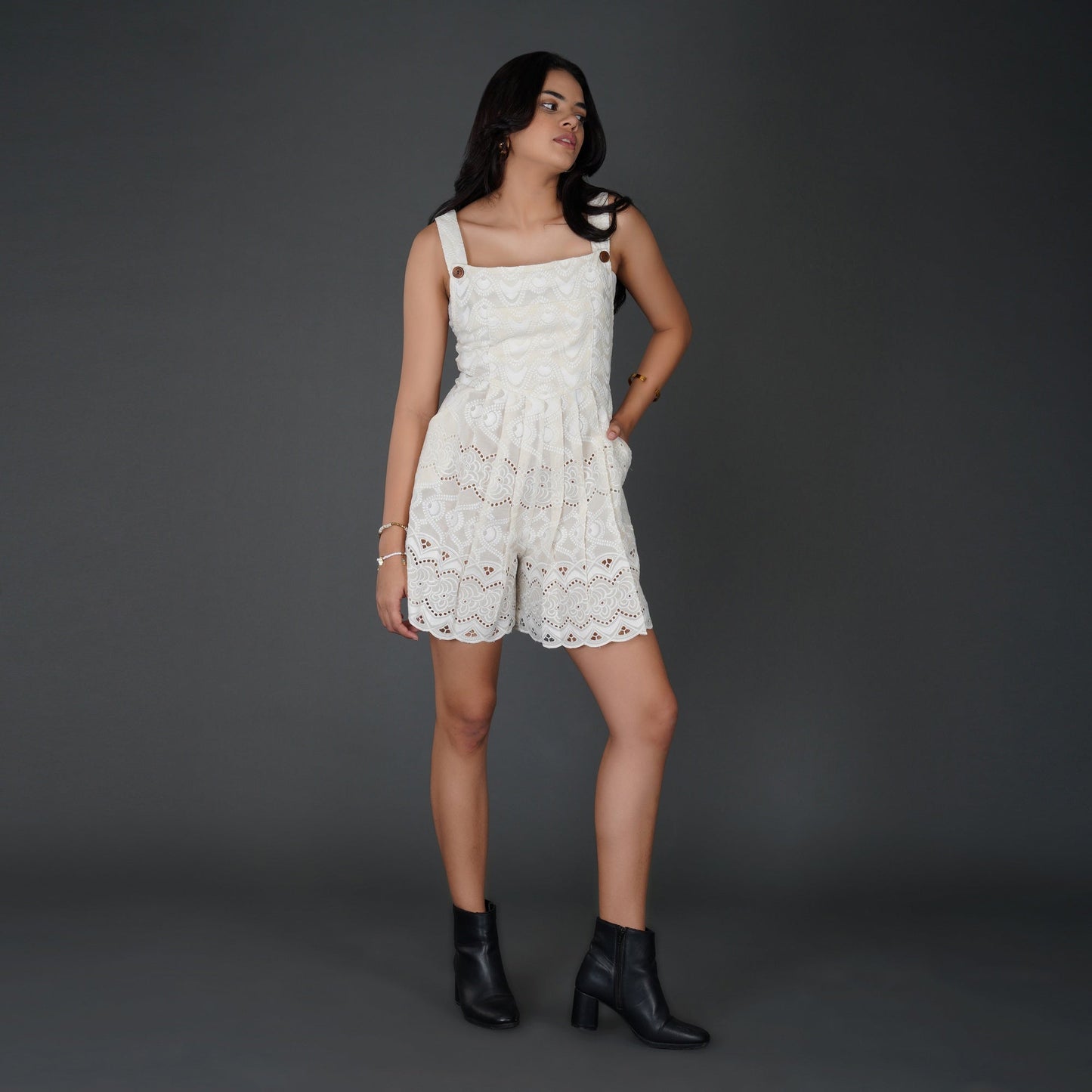 Scalloped Schiffli Cotton Jumpsuit with Button Details