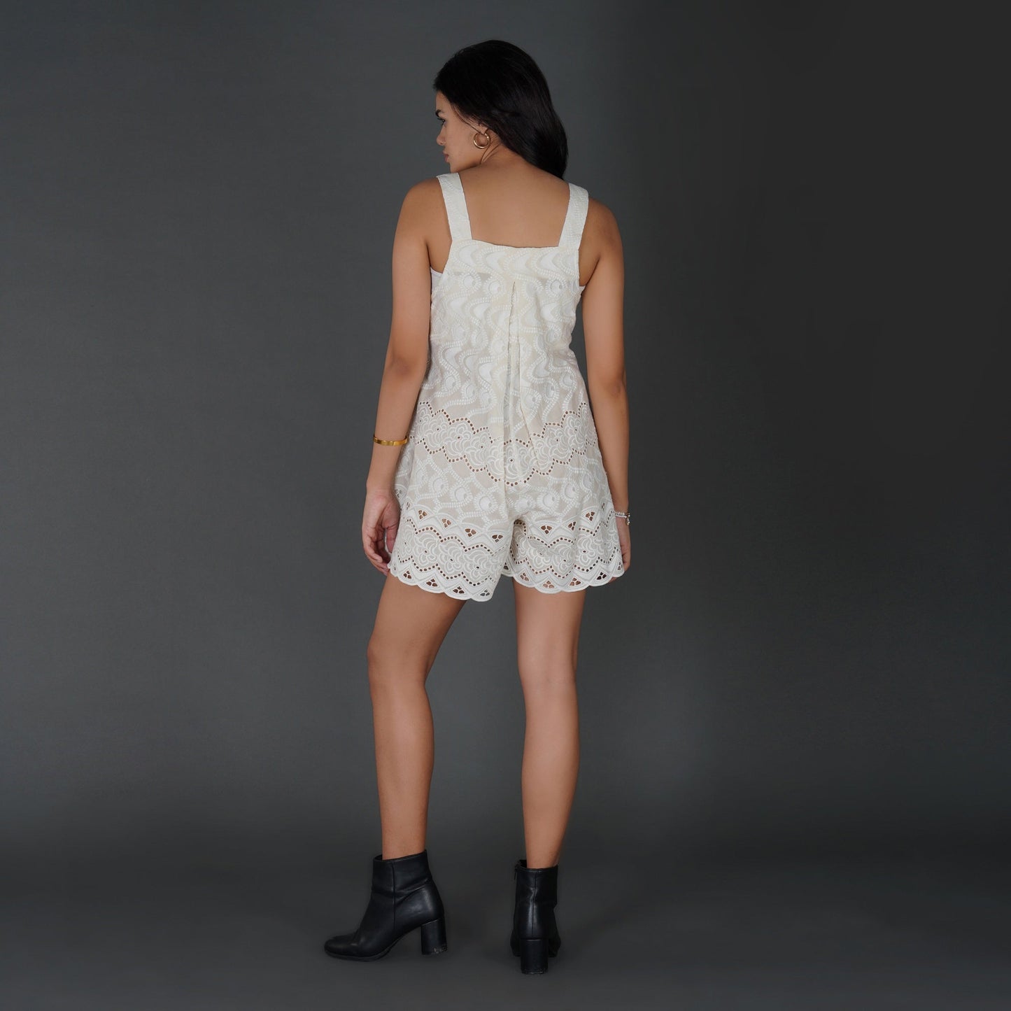 Scalloped Schiffli Cotton Jumpsuit with Button Details