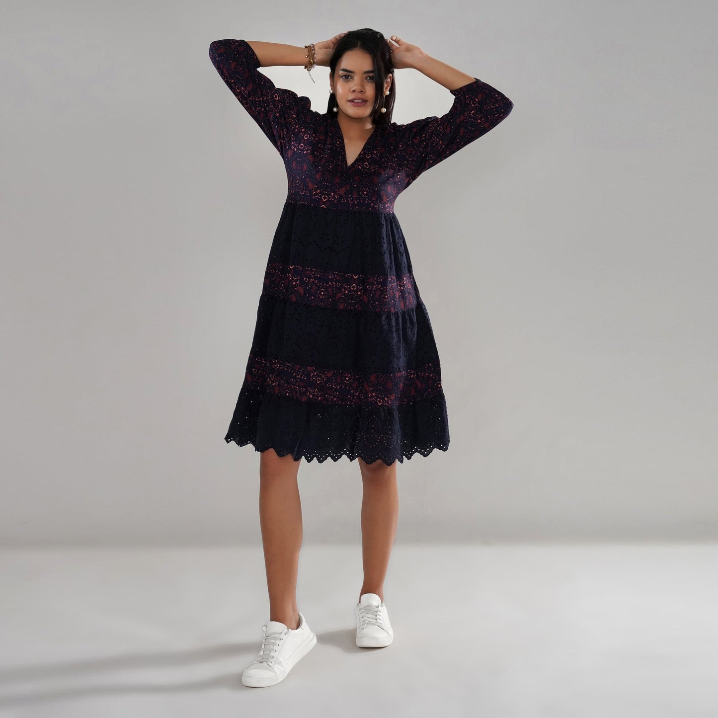 Schiffli Embroidered and Printed Rayon Tiered Midi Dress