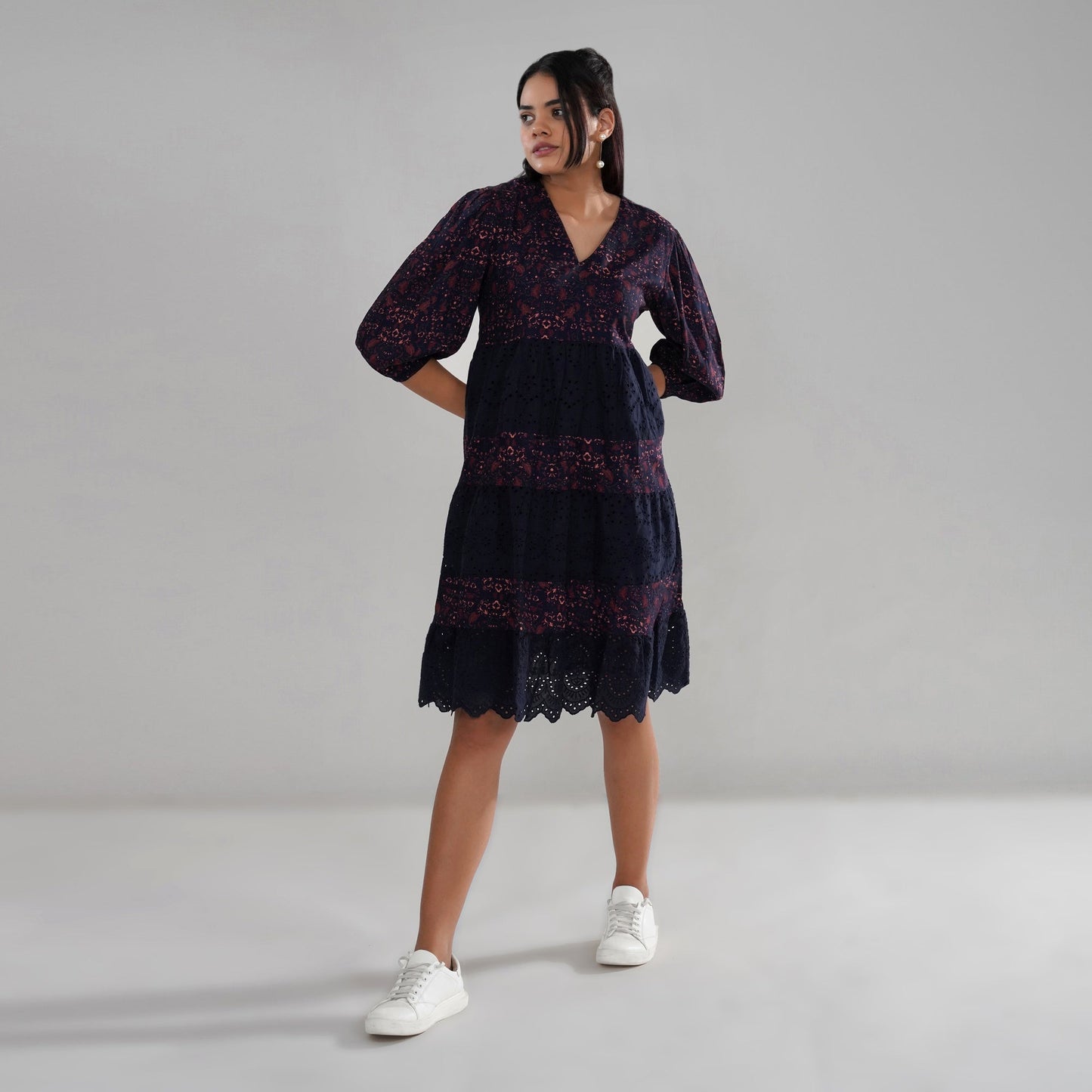 Schiffli Embroidered and Printed Rayon Tiered Midi Dress