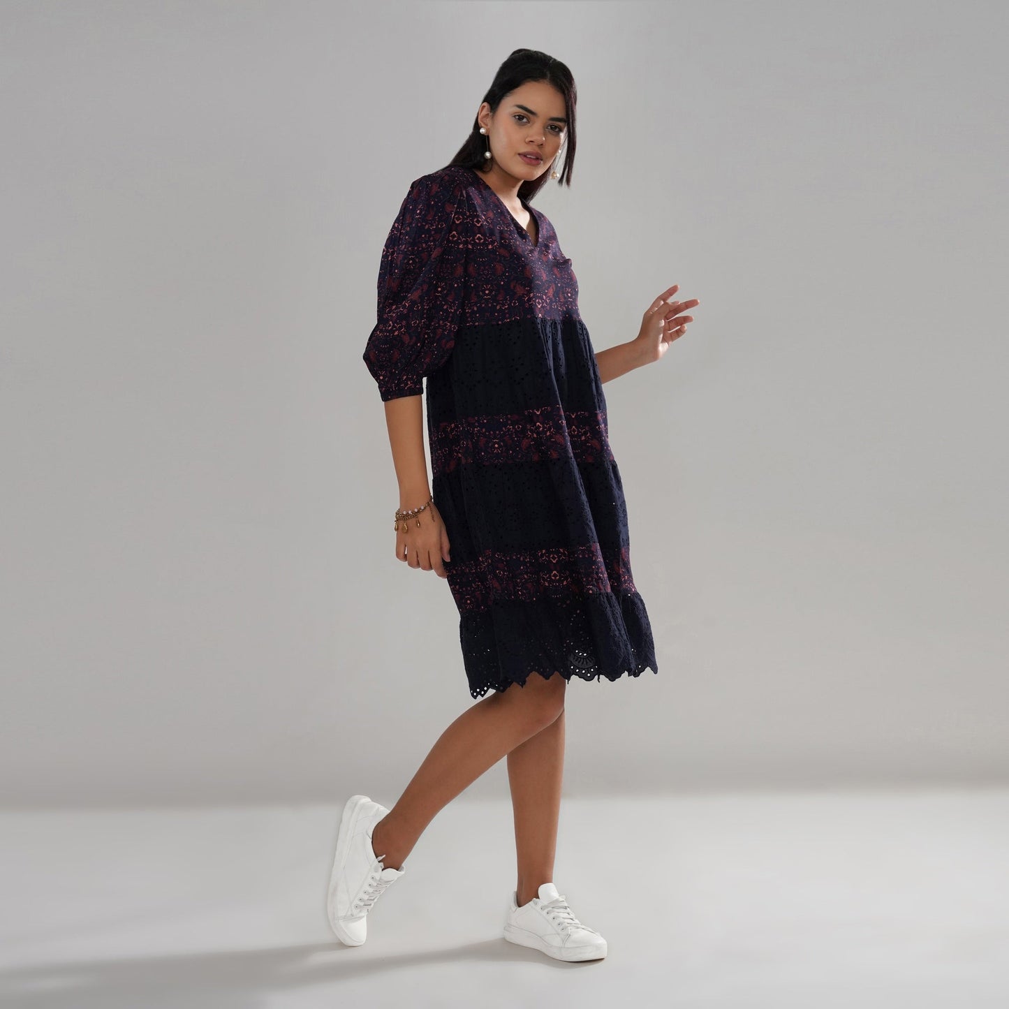 Schiffli Embroidered and Printed Rayon Tiered Midi Dress