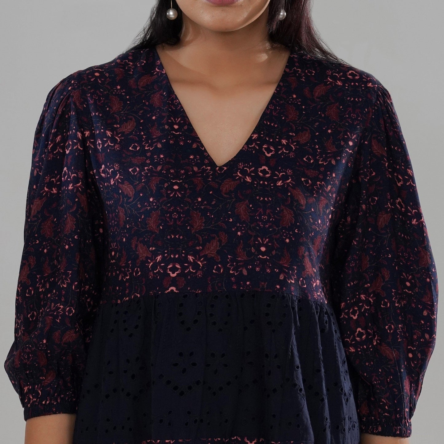 Schiffli Embroidered and Printed Rayon Tiered Midi Dress