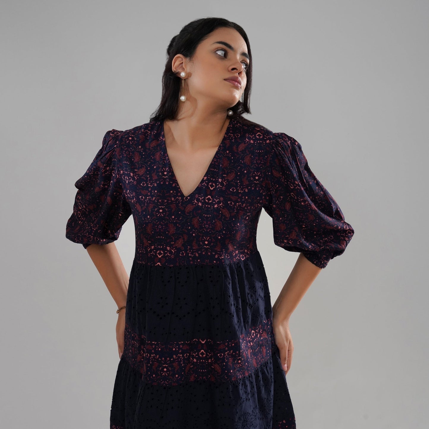 Schiffli Embroidered and Printed Rayon Tiered Midi Dress