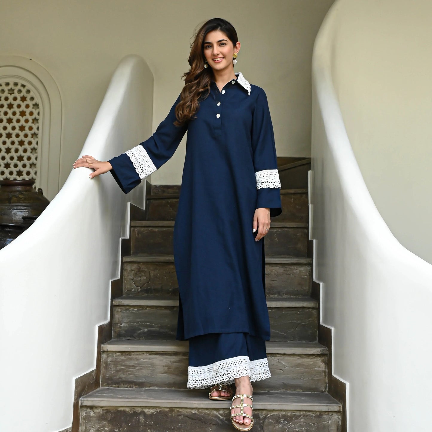 Nayra Navy Cotton Flex Co-ord Set with Lace Collar & Cuff
