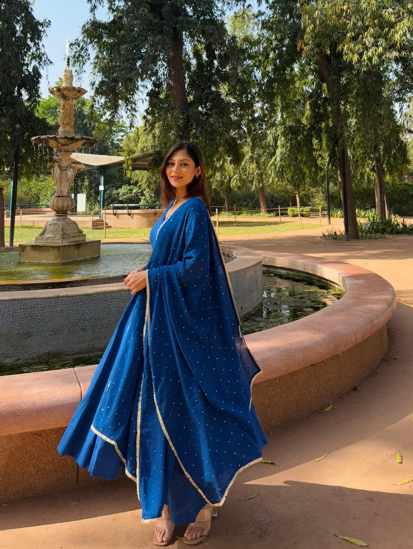 Royal Blue Mirror & Bead Handworked Kurta Pant Dupatta Set