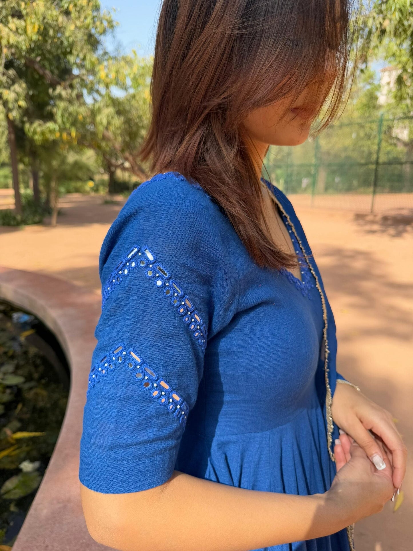 Royal Blue Mirror & Bead Handworked Kurta Pant Dupatta Set