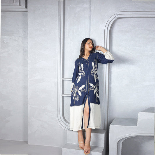 Luxe Indigo Grove Linen Embroidered Midi Dress