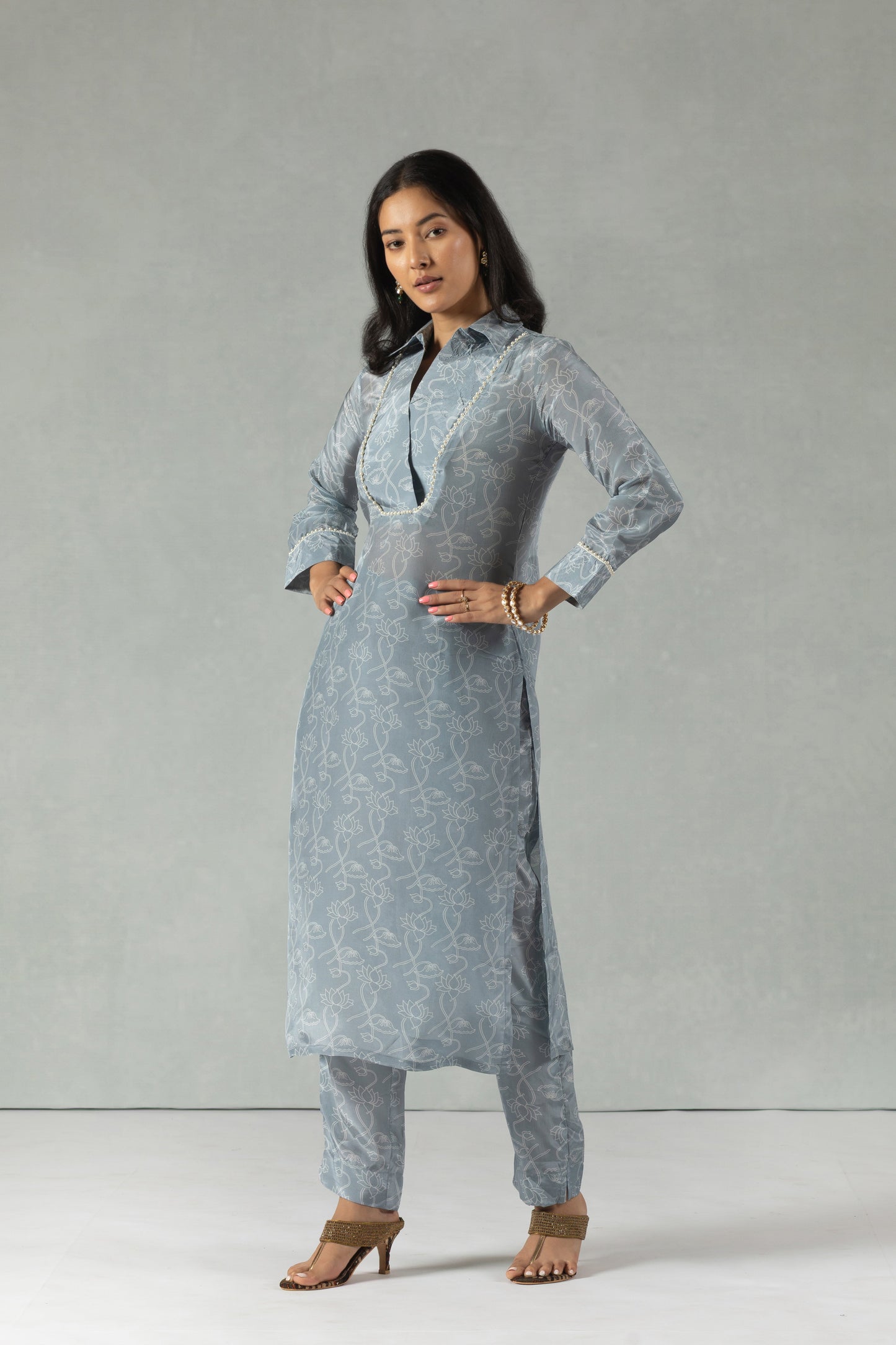 Grey Floral Crepe Kurti Set