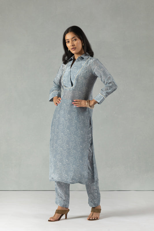 Grey Floral Crepe Kurti Set