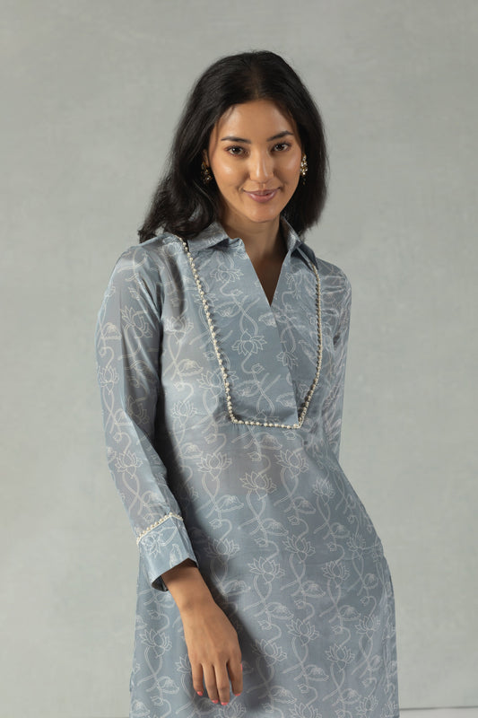 Grey Floral Crepe Kurti Set