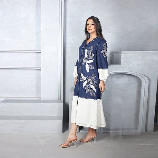 Luxe Indigo Grove Linen Embroidered Midi Dress
