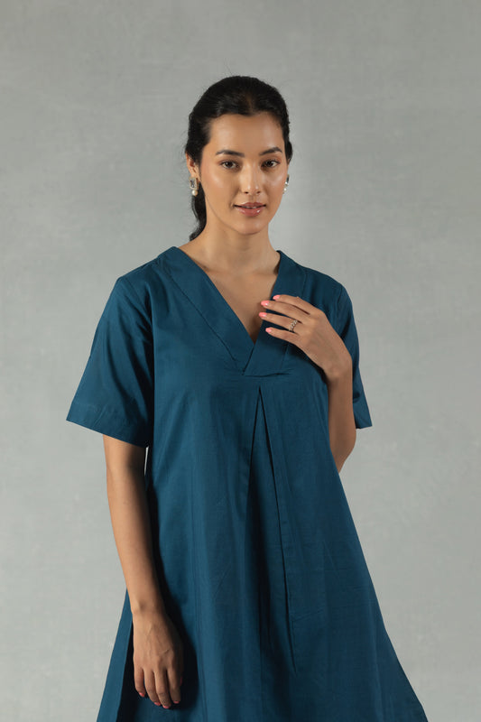 Teal Cotton V-Neck Mini Dress