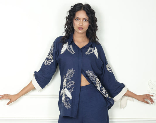 Luxe Indigo Grove Linen Embroidered Shirt