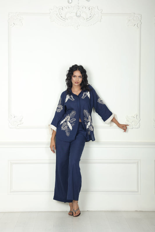 Luxe Indigo Grove Linen Embroidered Shirt