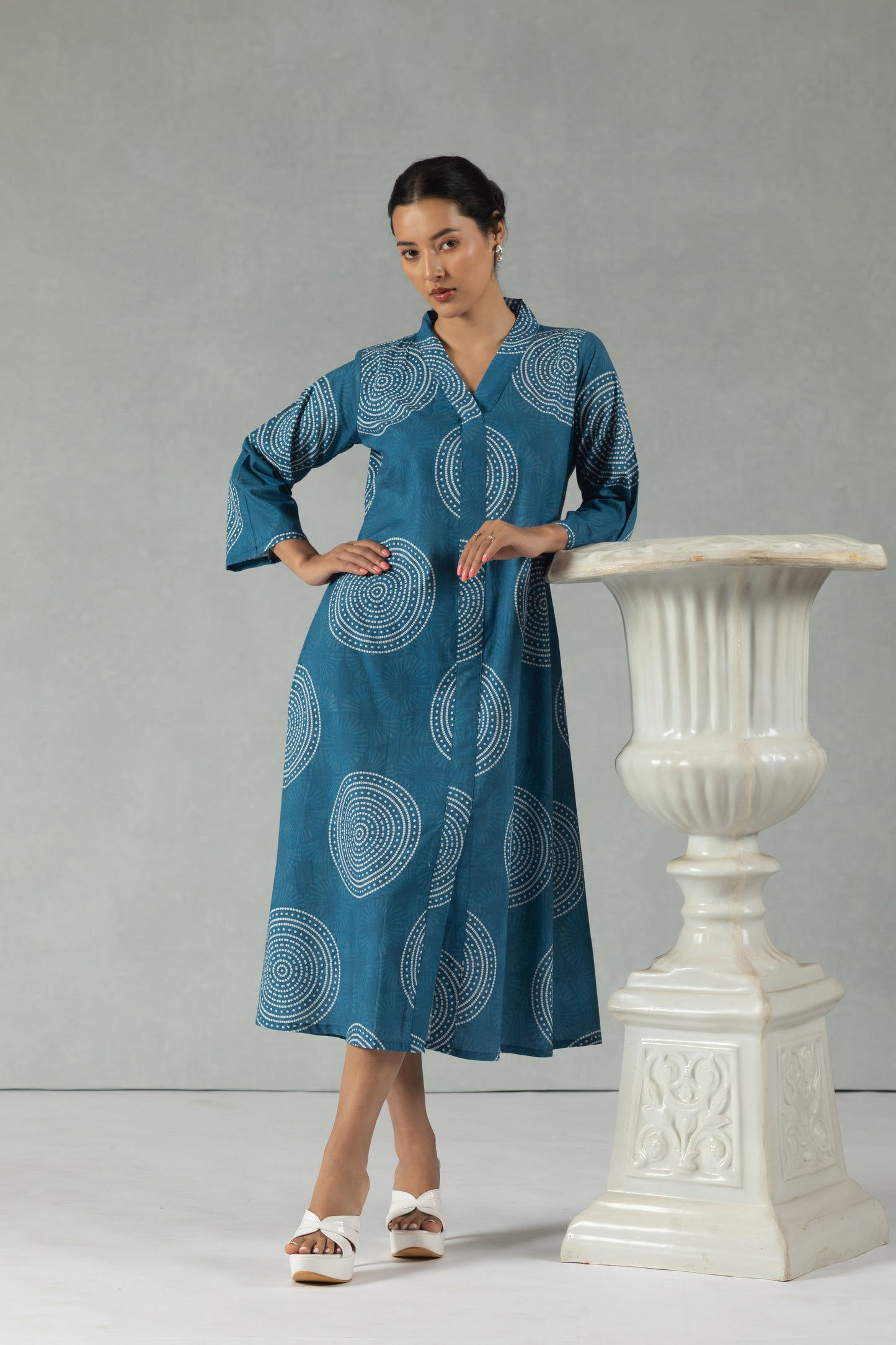 Blue Geometric Cotton Shift Dress