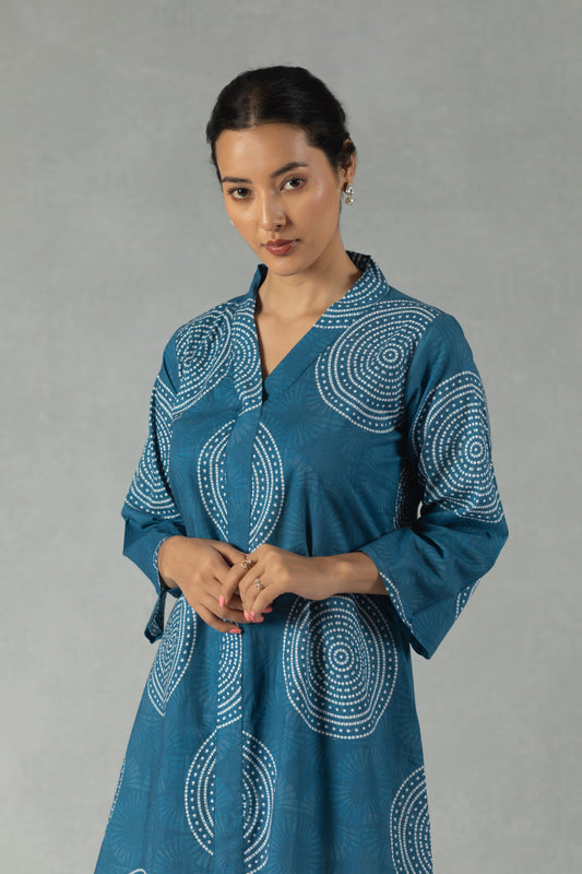 Blue Geometric Cotton Shift Dress