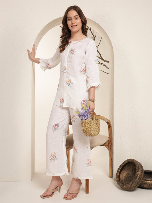 Ivory Bloom 100% Pure linen printed co-ord sets
