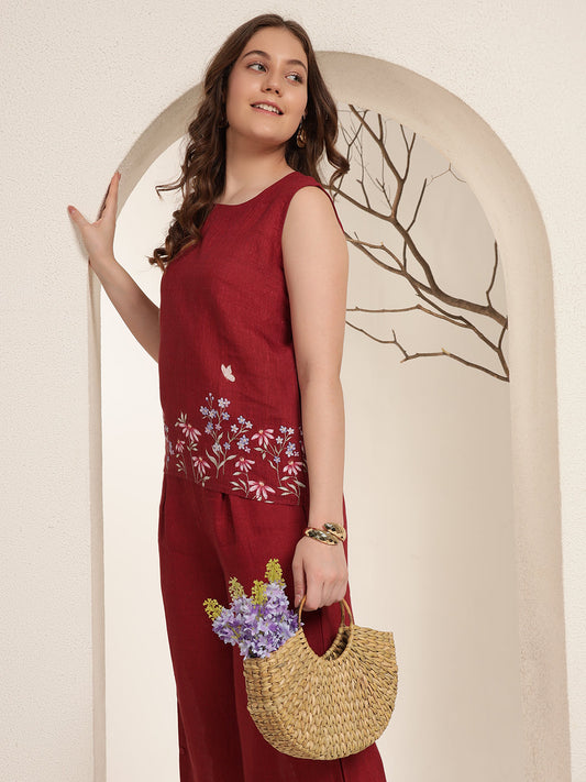 Crimson Bloom 100% Pure linen printed co-ord sets