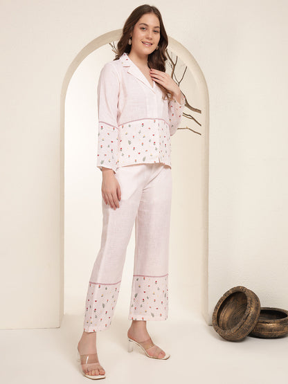 Baby Pink 100% Pure linen printed co-ord sets