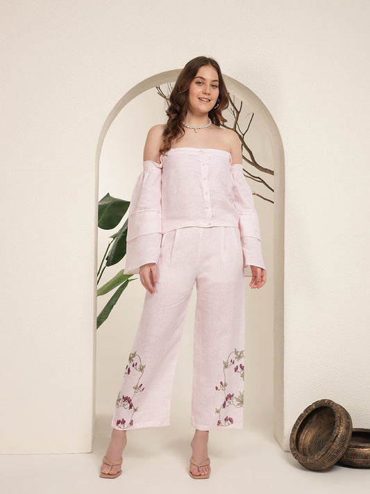 Baby Pink Off-Shoulder 100% Pure linen printed co-ord sets