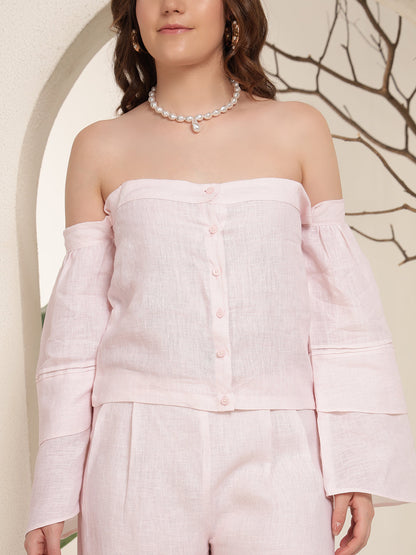 Baby Pink Off-Shoulder 100% Pure linen printed co-ord sets