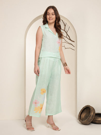 Mint Green 100% Pure linen printed co-ord sets