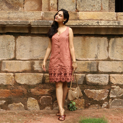 Rust Check Sleeveless Cotton Dress with Floral Embroidered Hem