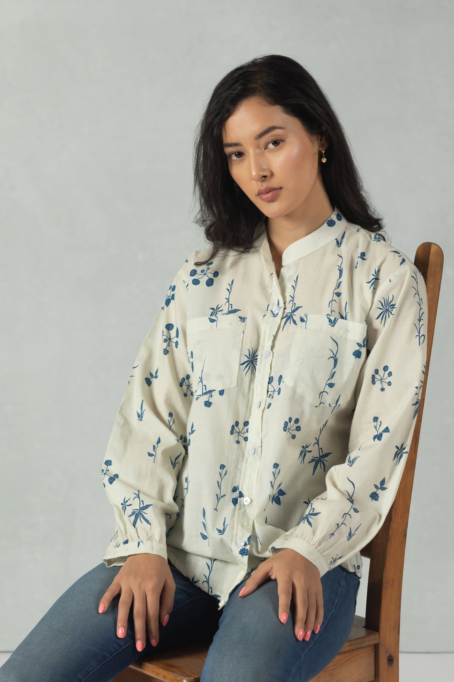 White Full Sleeves Floral Cotton Shirt