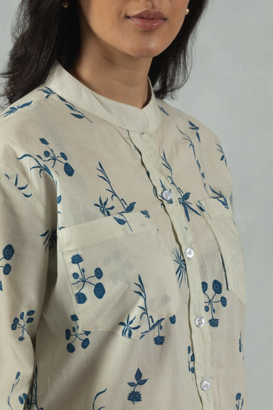 White Full Sleeves Floral Cotton Shirt
