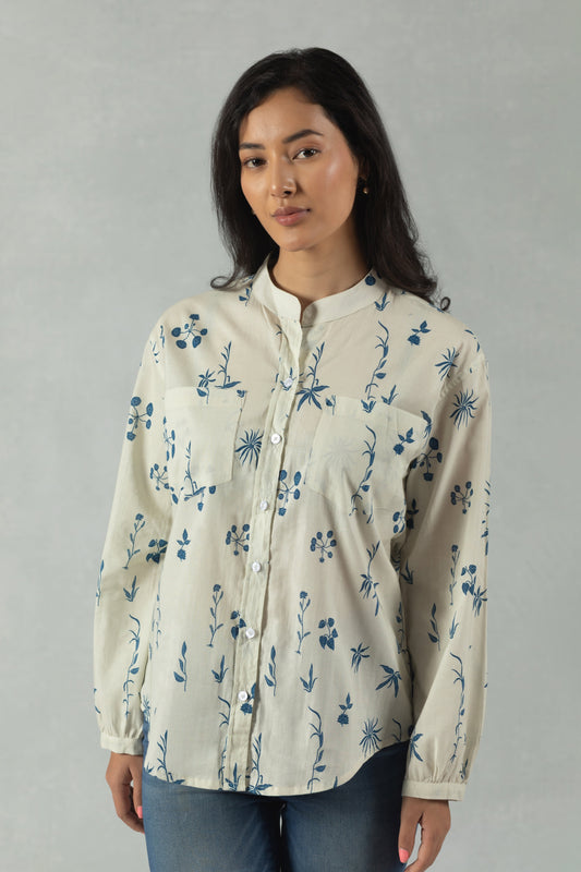 White Full Sleeves Floral Cotton Shirt