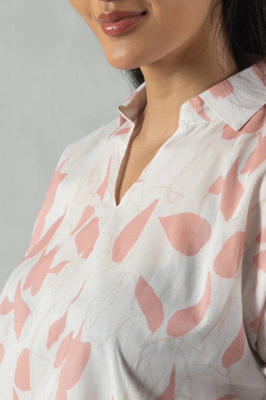 White Cotton Shirt with Soft Peach Blossom Print
