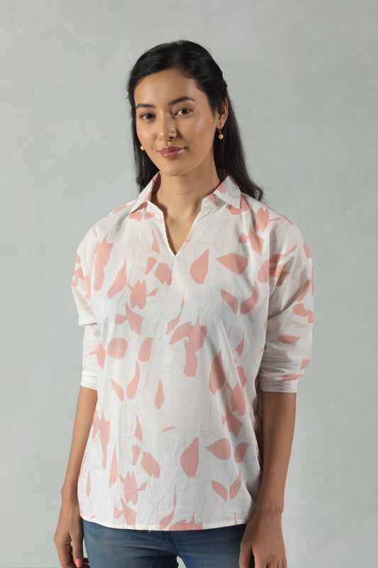 White Cotton Shirt with Soft Peach Blossom Print