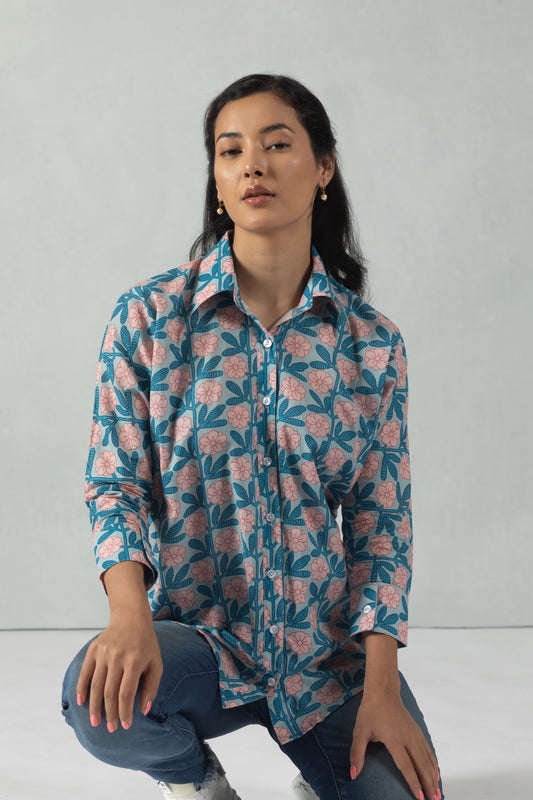 Blue Cotton Shirt with Abstract Garden Motif