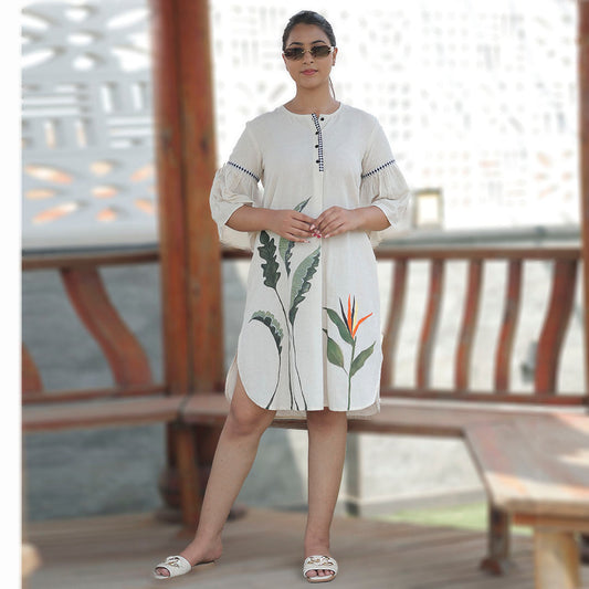 Boho Leaves Linen Balloon Sleeve Dress