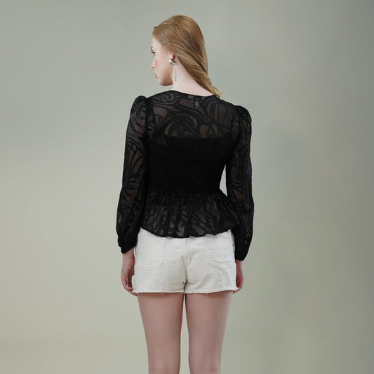 Black Georgette Burnout Textured Top with Smocked Waist