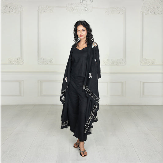 Luxe Nera Bellezza Hand-Embroidered Linen Co-Ord Set