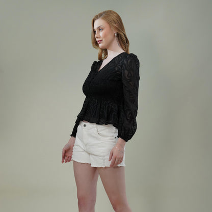 Black Georgette Burnout Textured Top with Smocked Waist