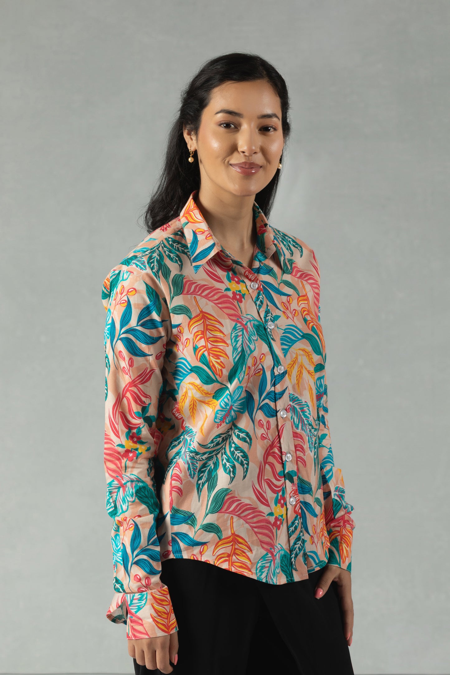 Teal Cotton Shirt with Coral Vine Print