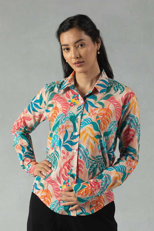Teal Cotton Shirt with Coral Vine Print