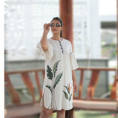 Boho Leaves Linen Balloon Sleeve Dress